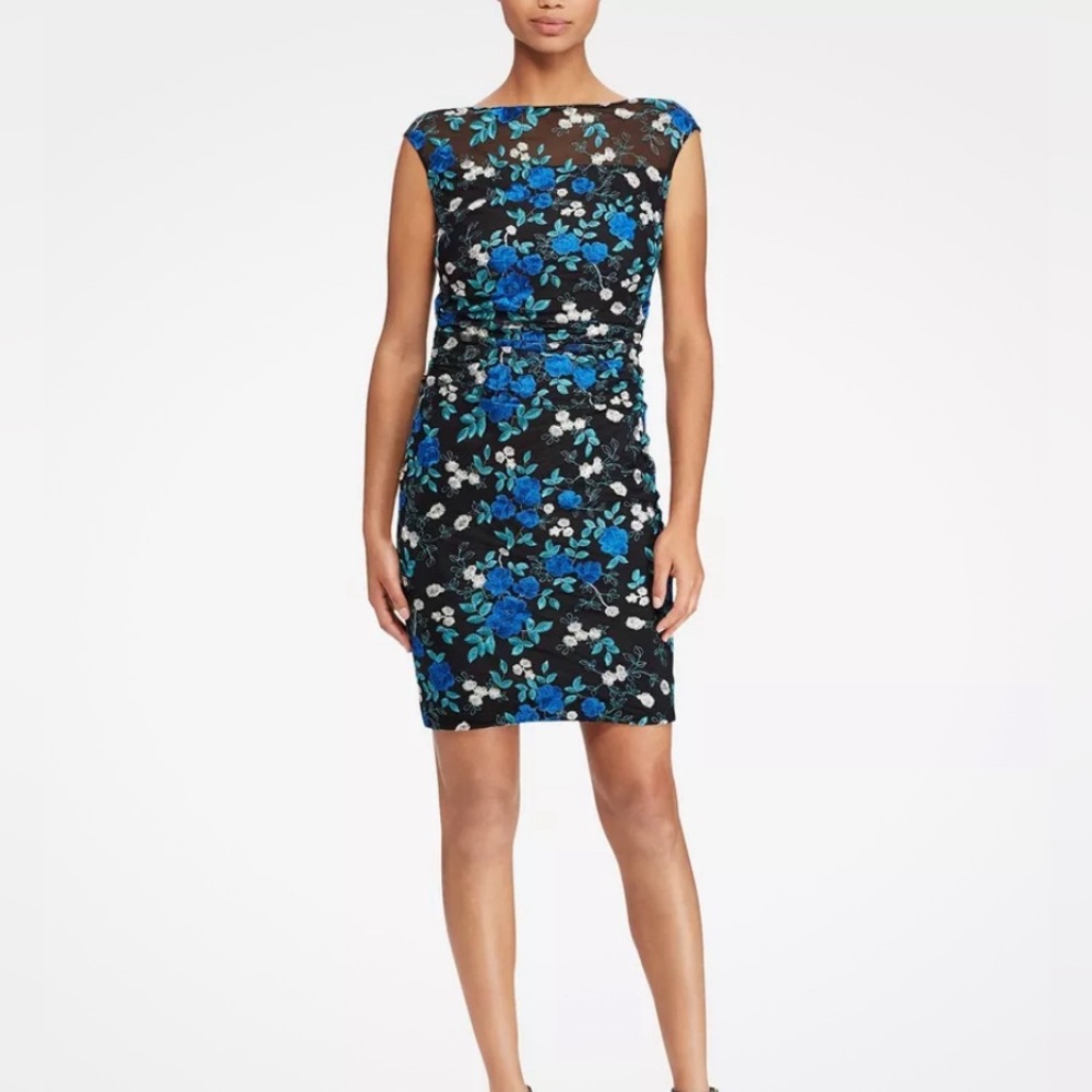Ralph Lauren Black/Blue Floral-Embroidered Stretch Mesh Ruched Dress, NWT 16